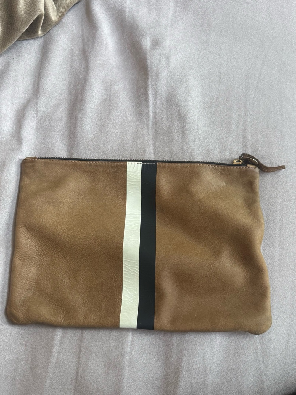 Clare V Tan Leather Clutch with Center Black and Cream Stripe